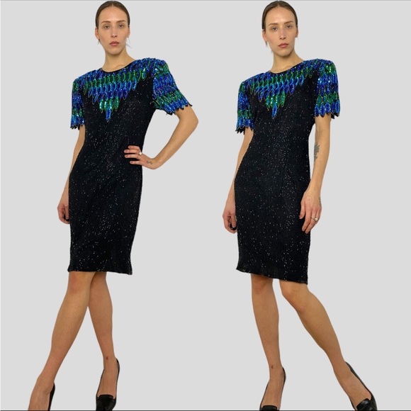 Vintage 100% silk beaded Elegant Black and Blue Sequin Dress stenay size 8 - Picture 2 of 16